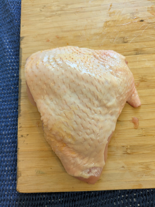 Corn free, soy free, pasture raised chicken thigh grown in Virgin, Utah.